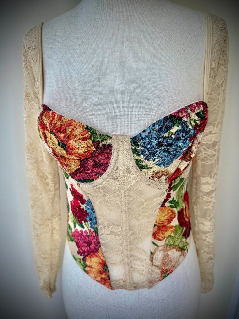 Custom Sewn Bustier Corset in Floral Tapestry & Cream Lace, Adj. Tie Up Back, S